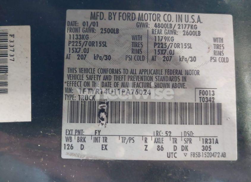 Photo 9 of 2001 Ford Ranger EDGE/XL/XLT (VIN 1FTYR14U11PA76024)