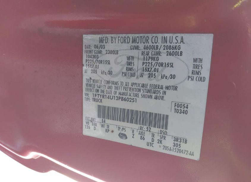 Photo 9 of 2003 Ford Ranger EDGE/TREMOR/XL/XLT (VIN 1FTYR14U13PB60251)