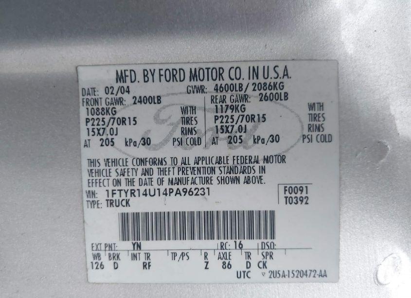 Photo 9 of 2004 Ford Ranger EDGE/TREMOR/XL/XLT (VIN 1FTYR14U14PA96231)