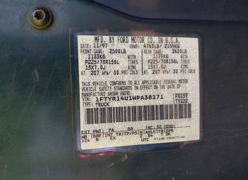 Photo 9 of 1998 Ford Ranger SPLASH/XL/XLT (VIN 1FTYR14U1WPA38171)