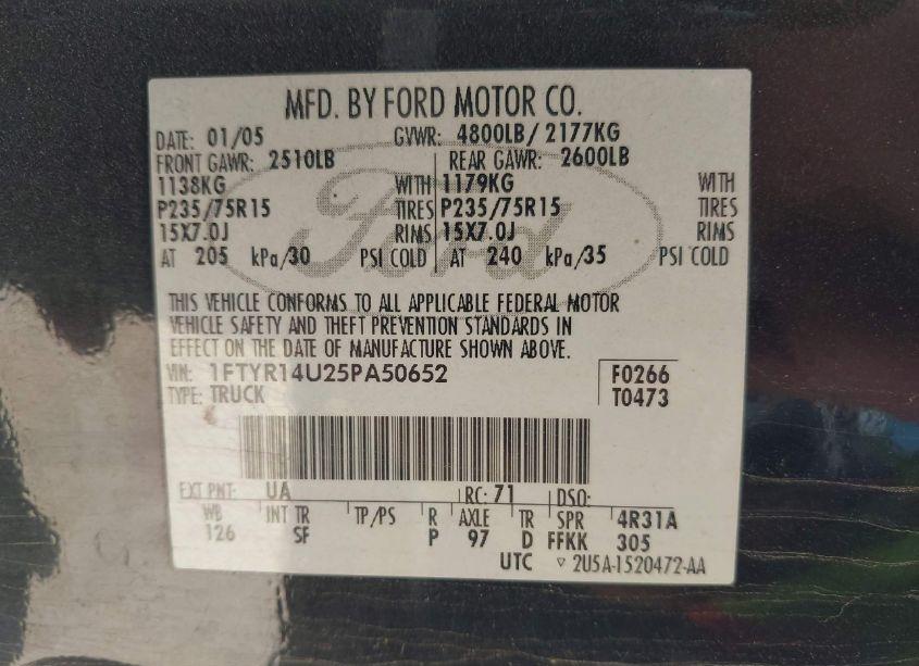 Photo 9 of 2005 Ford Ranger EDGE/STX/XL/XLT (VIN 1FTYR14U25PA50652)