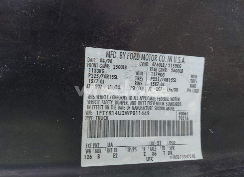 Photo 9 of 1998 Ford Ranger SPLASH/XL/XLT (VIN 1FTYR14U2WPB11449)