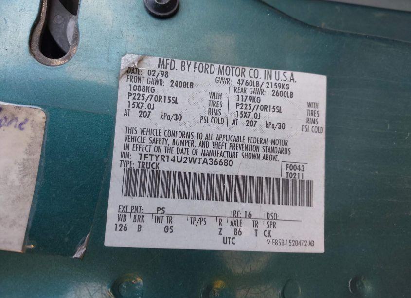 Photo 9 of 1998 Ford Ranger SPLASH/XL/XLT (VIN 1FTYR14U2WTA36680)