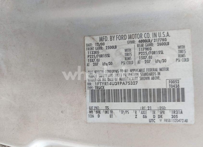 Photo 9 of 2001 Ford Ranger EDGE/XL/XLT (VIN 1FTYR14U31PA75327)