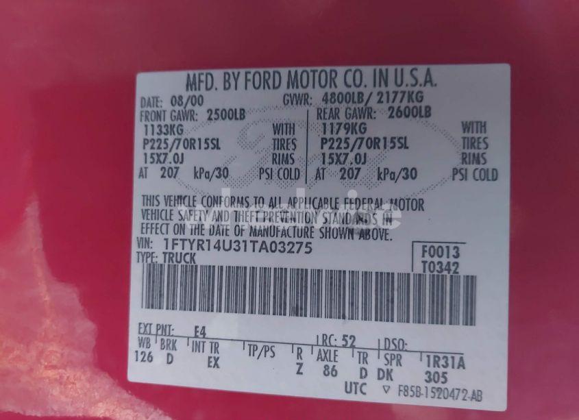 Photo 9 of 2001 Ford Ranger EDGE/XL/XLT (VIN 1FTYR14U31TA03275)