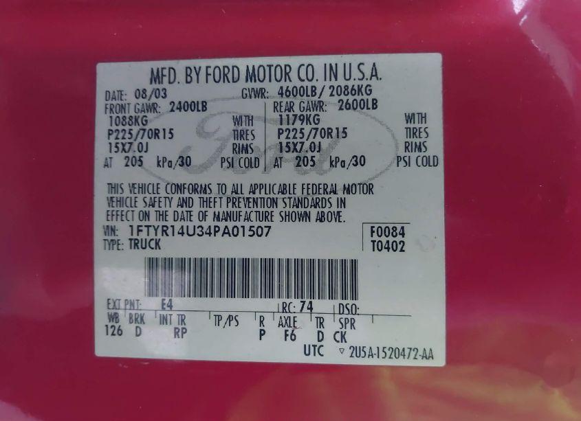 Photo 9 of 2004 Ford Ranger EDGE/TREMOR/XL/XLT (VIN 1FTYR14U34PA01507)