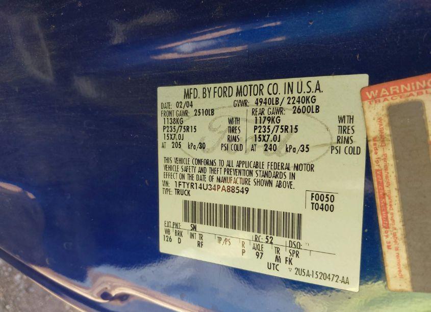 Photo 9 of 2004 Ford Ranger EDGE/TREMOR/XL/XLT (VIN 1FTYR14U34PA88549)