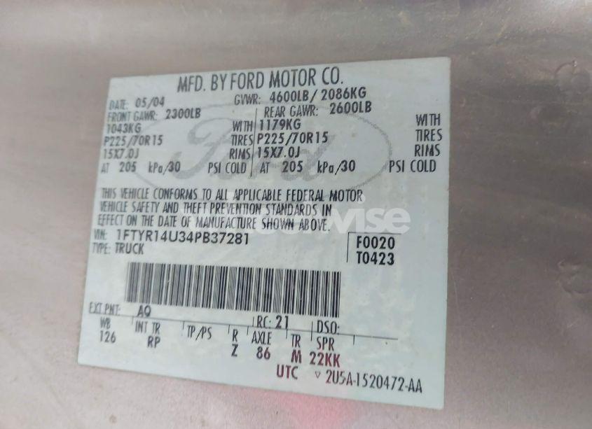 Photo 9 of 2004 Ford Ranger EDGE/TREMOR/XL/XLT (VIN 1FTYR14U34PB37281)