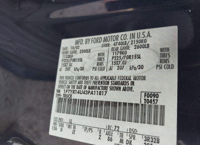Photo 9 of 2003 Ford Ranger EDGE/TREMOR/XL/XLT (VIN 1FTYR14U43PA11817)
