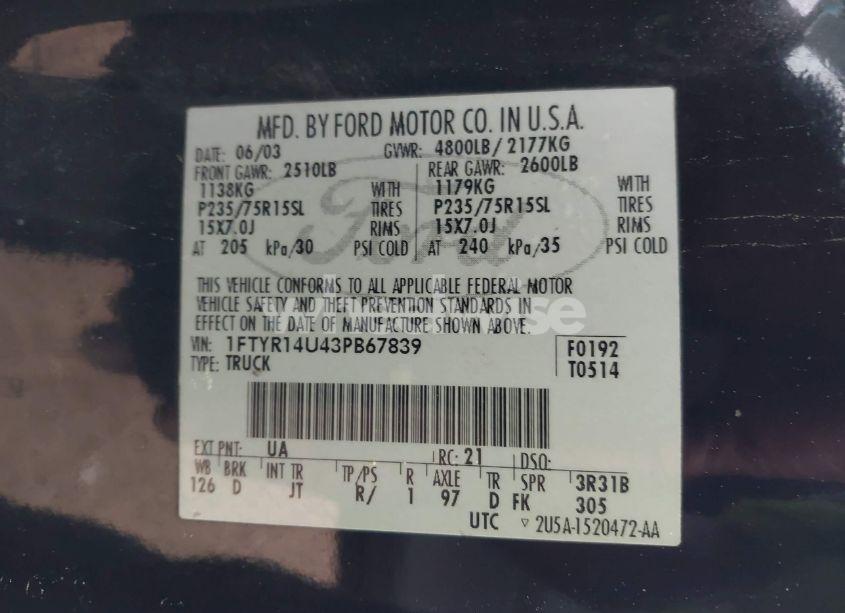 Photo 9 of 2003 Ford Ranger EDGE/TREMOR/XL/XLT (VIN 1FTYR14U43PB67839)