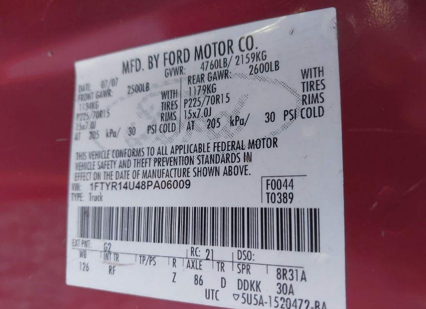 Photo 9 of 2008 Ford Ranger SPORT/XL/XLT (VIN 1FTYR14U48PA06009)