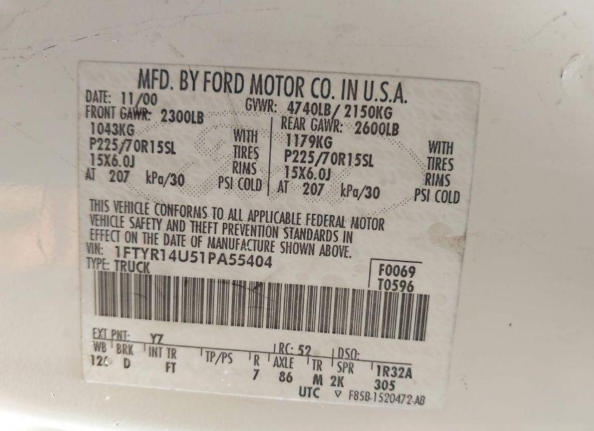 Photo 9 of 2001 Ford Ranger EDGE/XL/XLT (VIN 1FTYR14U51PA55404)