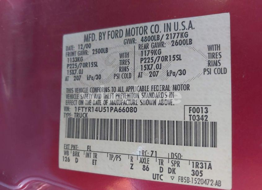 Photo 9 of 2001 Ford Ranger EDGE/XL/XLT (VIN 1FTYR14U51PA66080)