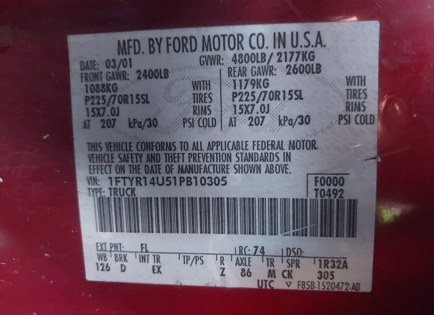 Photo 9 of 2001 Ford Ranger EDGE/XL/XLT (VIN 1FTYR14U51PB10305)