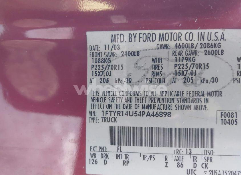 Photo 9 of 2004 Ford Ranger EDGE/TREMOR/XL/XLT (VIN 1FTYR14U54PA46898)