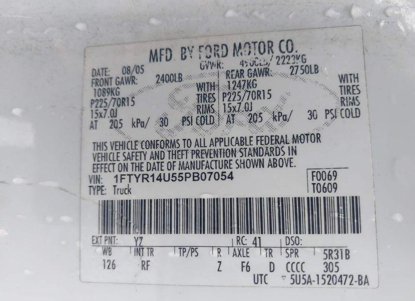 Photo 9 of 2005 Ford Ranger EDGE/STX/XL/XLT (VIN 1FTYR14U55PB07054)