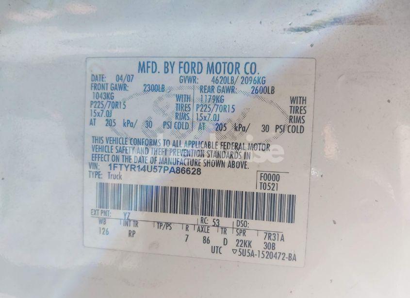 Photo 9 of 2007 Ford Ranger SPORT/STX/XL/XLT (VIN 1FTYR14U57PA86628)