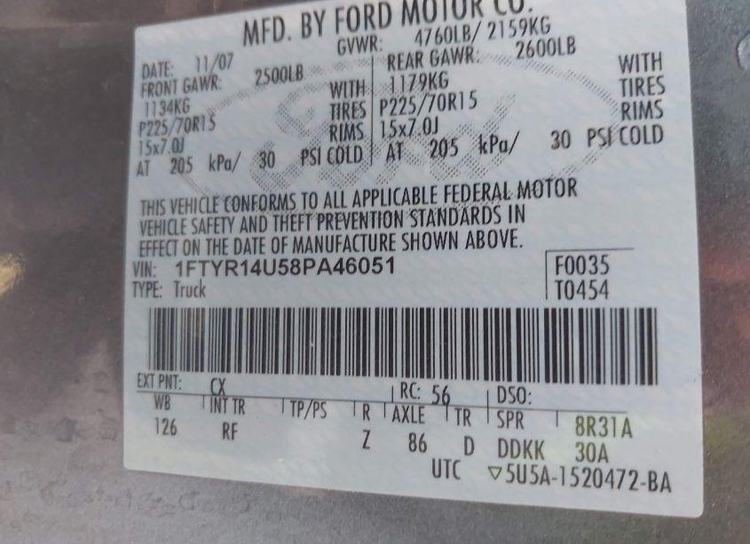 Photo 9 of 2008 Ford Ranger SPORT/XL/XLT (VIN 1FTYR14U58PA46051)