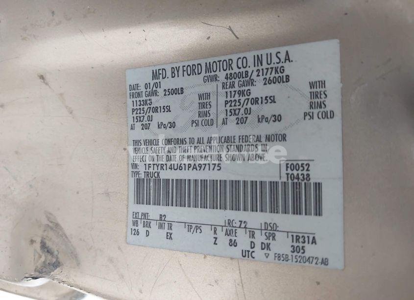 Photo 9 of 2001 Ford Ranger (VIN 1FTYR14U61PA97175)