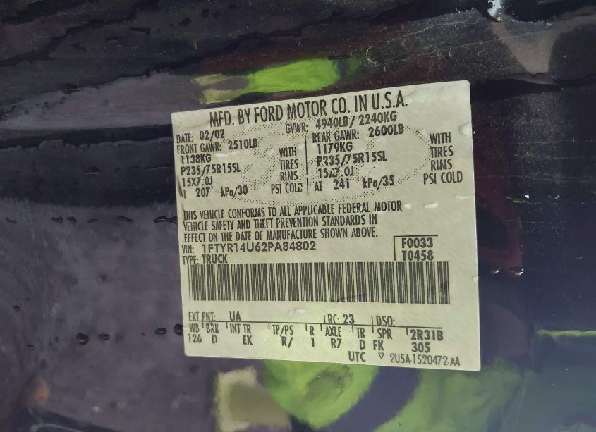 Photo 9 of 2002 Ford Ranger EDGE/TREMOR/XL/XLT (VIN 1FTYR14U62PA84802)