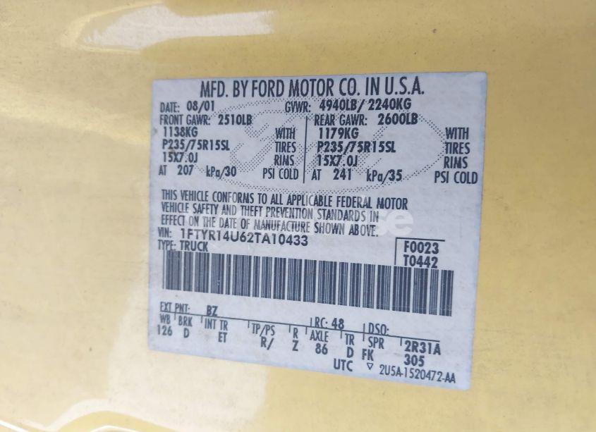 Photo 9 of 2002 Ford Ranger EDGE/TREMOR/XL/XLT (VIN 1FTYR14U62TA10433)