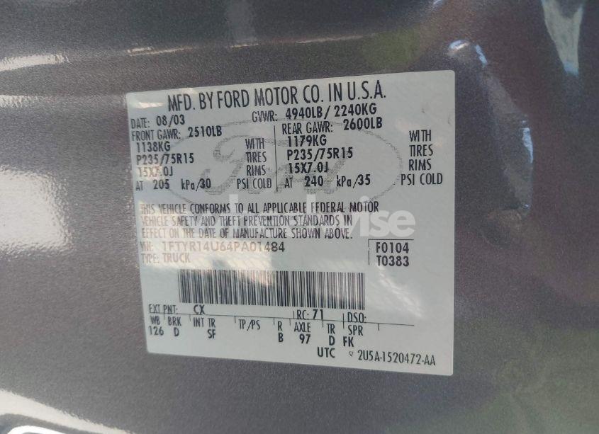 Photo 9 of 2004 Ford Ranger EDGE/TREMOR/XL/XLT (VIN 1FTYR14U64PA01484)