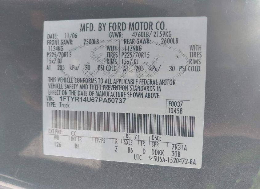 Photo 9 of 2007 Ford Ranger SPORT/STX/XL/XLT (VIN 1FTYR14U67PA50737)