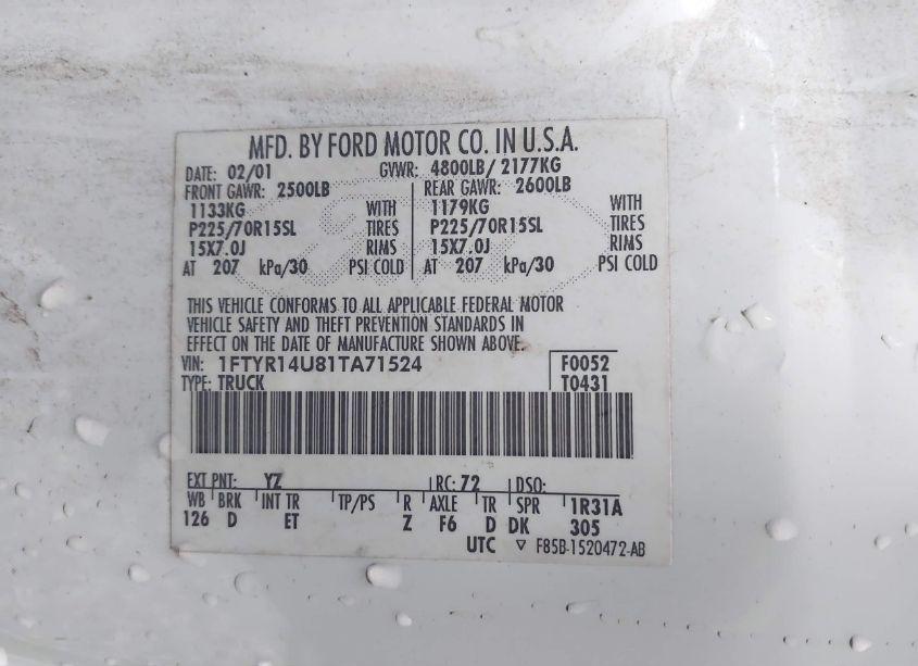 Photo 9 of 2001 Ford Ranger EDGE/XL/XLT (VIN 1FTYR14U81TA71524)