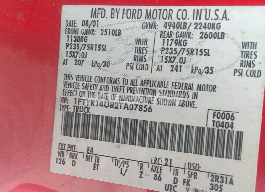 Photo 9 of 2002 Ford Ranger EDGE/TREMOR/XL/XLT (VIN 1FTYR14U82TA07856)