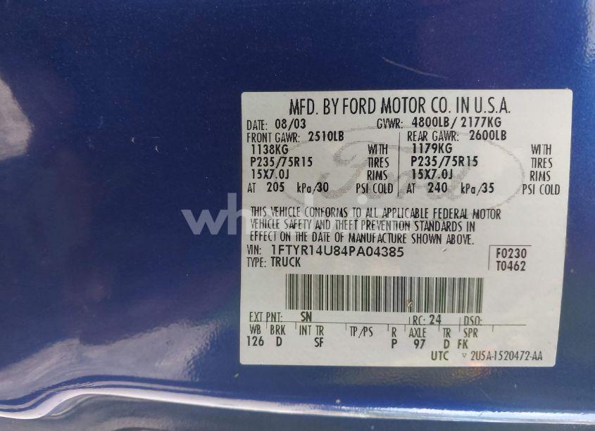 Photo 9 of 2004 Ford Ranger EDGE/TREMOR/XL/XLT (VIN 1FTYR14U84PA04385)