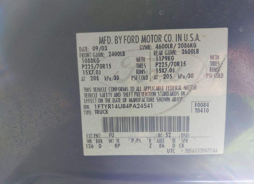 Photo 9 of 2004 Ford Ranger EDGE/TREMOR/XL/XLT (VIN 1FTYR14U84PA24541)