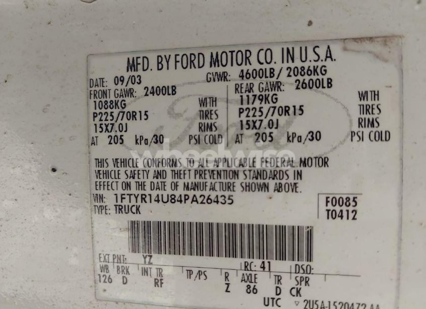 Photo 9 of 2004 Ford Ranger EDGE/TREMOR/XL/XLT (VIN 1FTYR14U84PA26435)