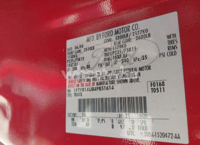 Photo 9 of 2004 Ford Ranger EDGE/TREMOR/XL/XLT (VIN 1FTYR14U84PB51614)