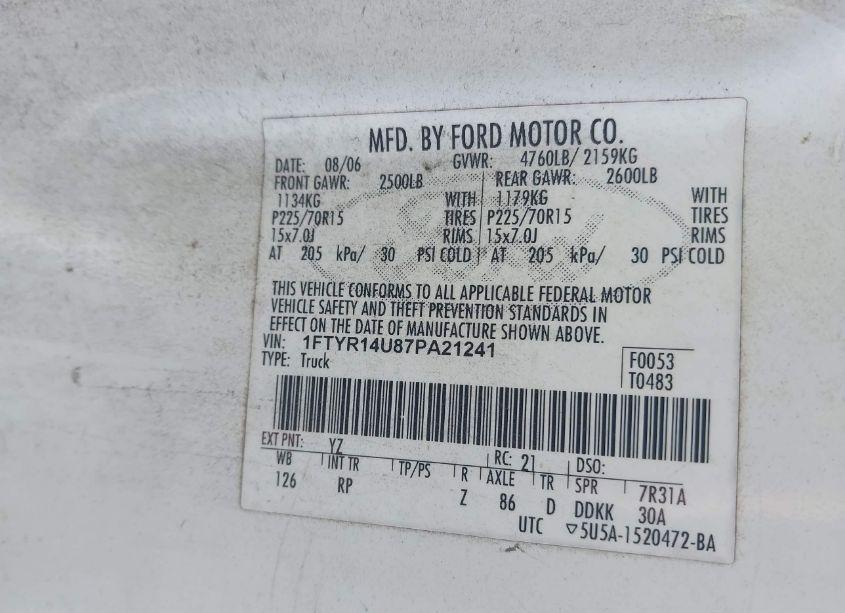 Photo 9 of 2007 Ford Ranger SPORT/STX/XL/XLT (VIN 1FTYR14U87PA21241)