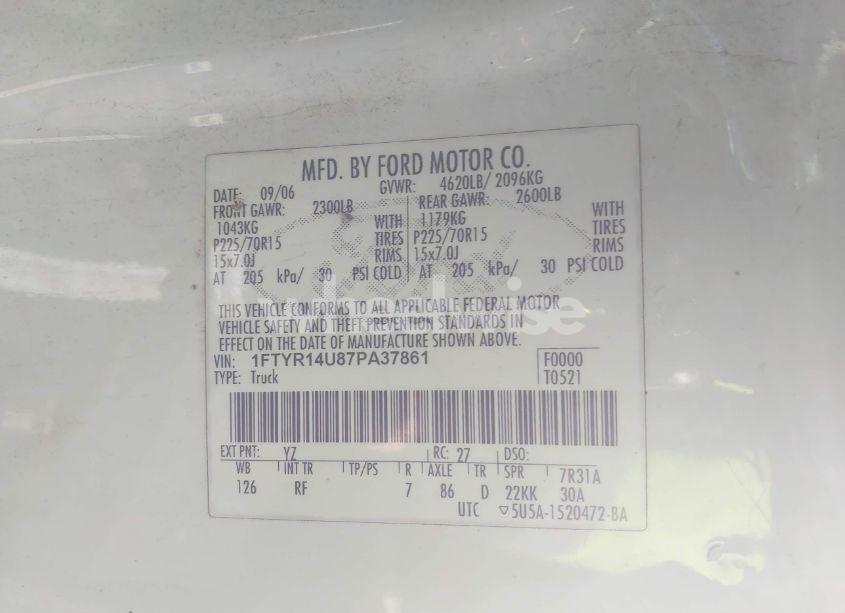 Photo 9 of 2007 Ford Ranger SPORT/STX/XL/XLT (VIN 1FTYR14U87PA37861)