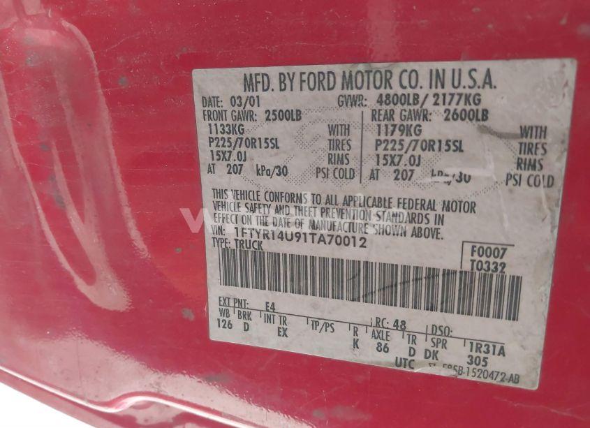 Photo 9 of 2001 Ford Ranger EDGE/XL/XLT (VIN 1FTYR14U91TA70012)