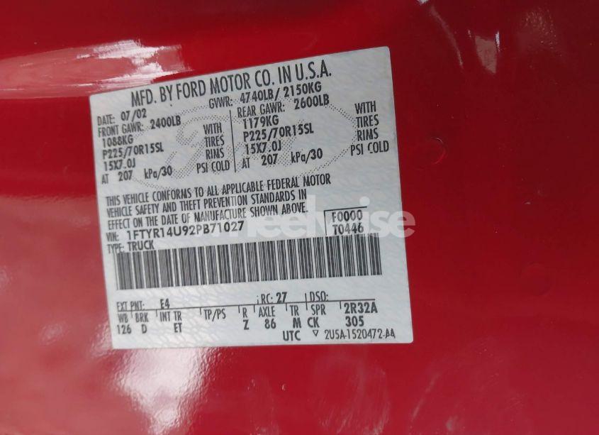 Photo 9 of 2002 Ford Ranger EDGE/TREMOR/XL/XLT (VIN 1FTYR14U92PB71027)