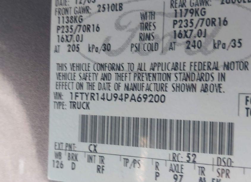 Photo 9 of 2004 Ford Ranger EDGE/TREMOR/XL/XLT (VIN 1FTYR14U94PA69200)