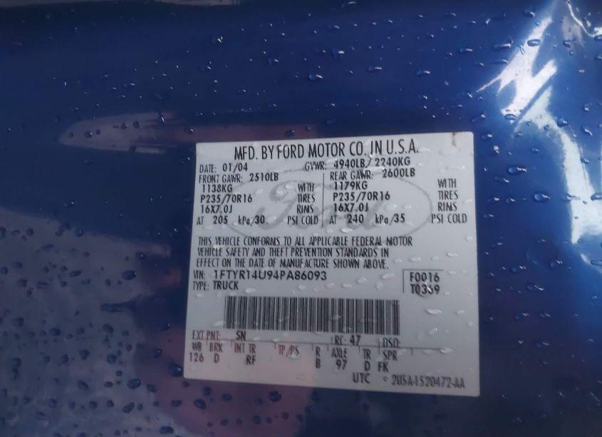 Photo 9 of 2004 Ford Ranger EDGE/TREMOR/XL/XLT (VIN 1FTYR14U94PA86093)