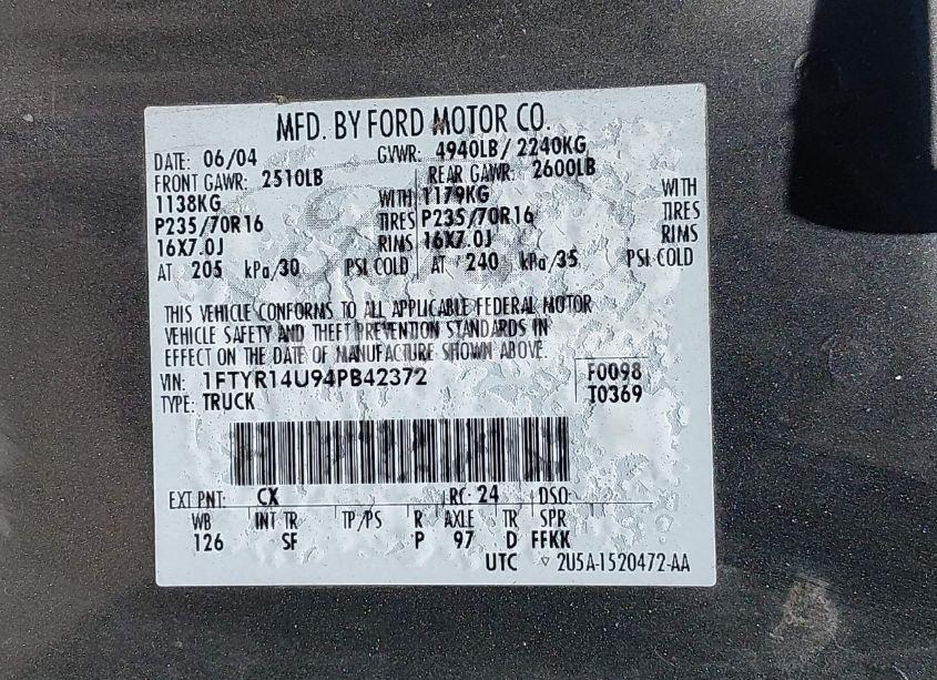 Photo 9 of 2004 Ford Ranger EDGE/TREMOR/XL/XLT (VIN 1FTYR14U94PB42372)