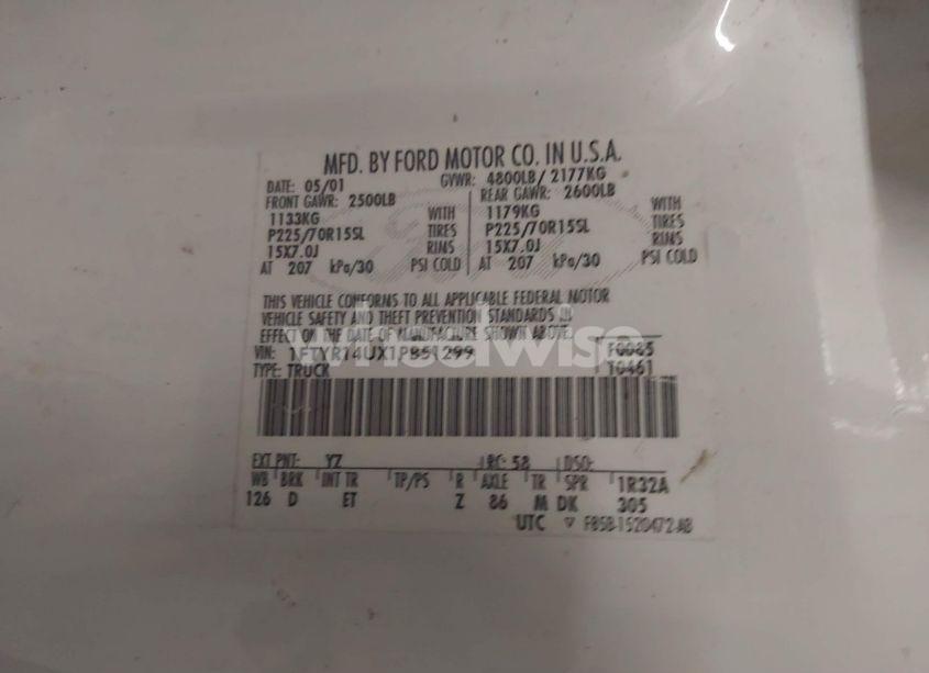 Photo 9 of 2001 Ford Ranger EDGE/XL/XLT (VIN 1FTYR14UX1PB51299)