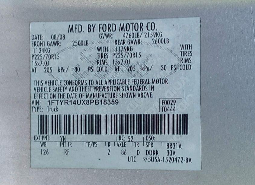 Photo 9 of 2008 Ford Ranger SPORT/XL/XLT (VIN 1FTYR14UX8PB18359)