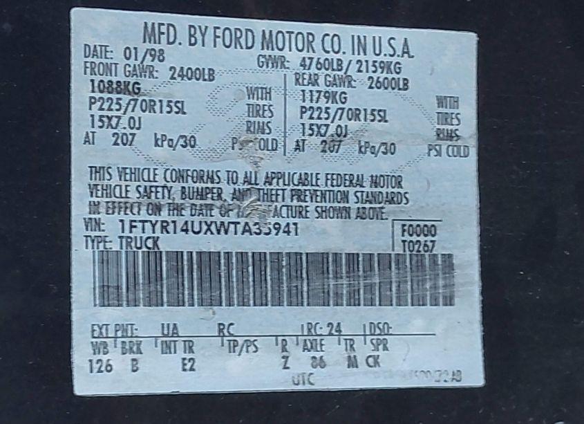 Photo 9 of 1998 Ford Ranger SPLASH/XL/XLT (VIN 1FTYR14UXWTA35941)