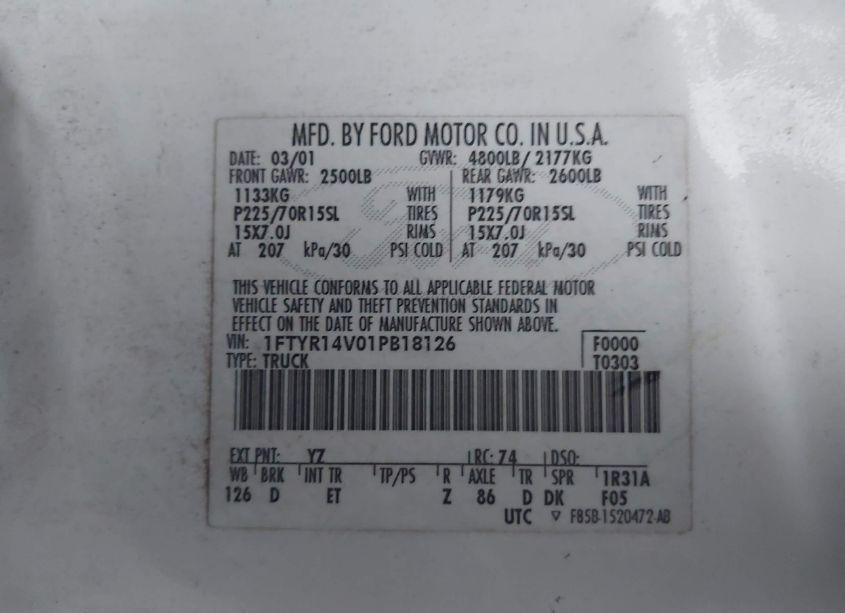 Photo 9 of 2001 Ford Ranger EDGE/XL/XLT (VIN 1FTYR14V01PB18126)