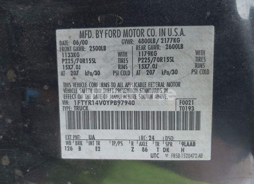 Photo 9 of 2000 Ford Ranger XL/XLT (VIN 1FTYR14V0YPB97940)