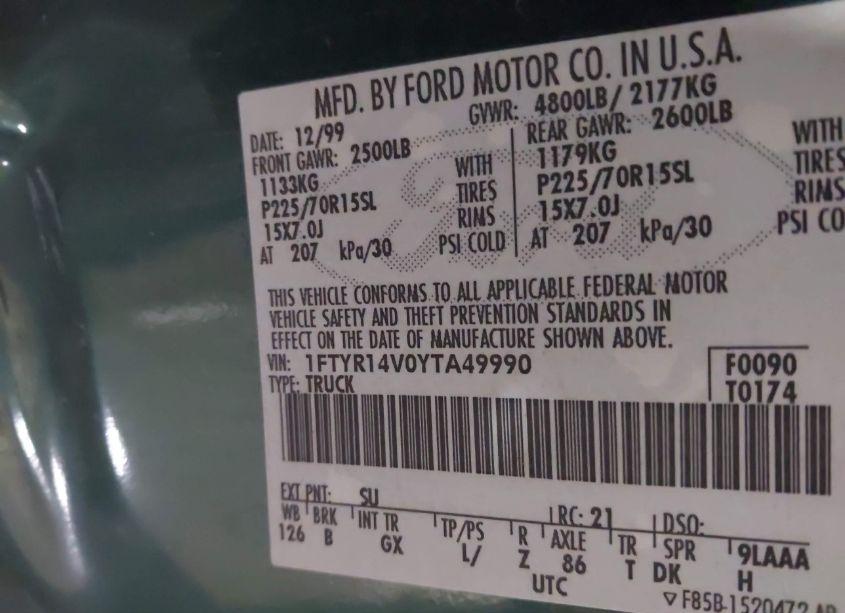 Photo 9 of 2000 Ford Ranger XL/XLT (VIN 1FTYR14V0YTA49990)