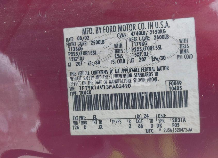 Photo 9 of 2003 Ford Ranger EDGE/TREMOR/XL/XLT (VIN 1FTYR14V13PA03490)