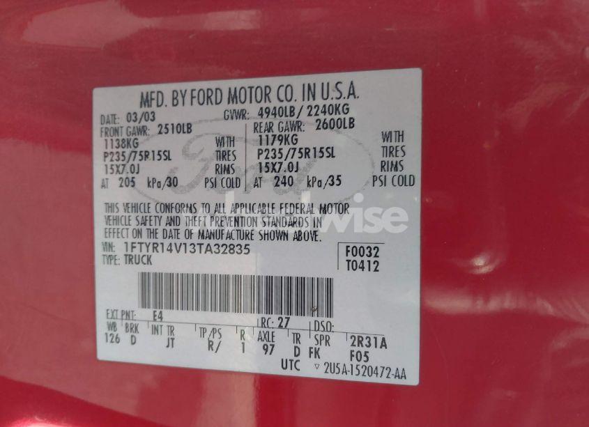 Photo 9 of 2003 Ford Ranger EDGE/TREMOR/XL/XLT (VIN 1FTYR14V13TA32835)