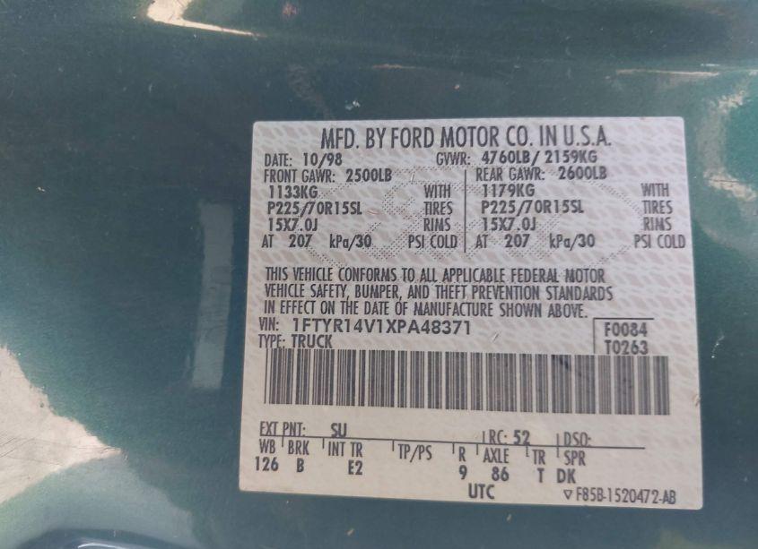 Photo 9 of 1999 Ford Ranger XL/XLT (VIN 1FTYR14V1XPA48371)