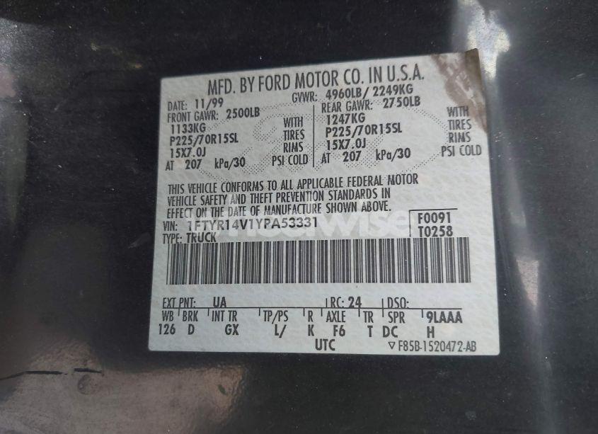 Photo 9 of 2000 Ford Ranger XL/XLT (VIN 1FTYR14V1YPA53331)